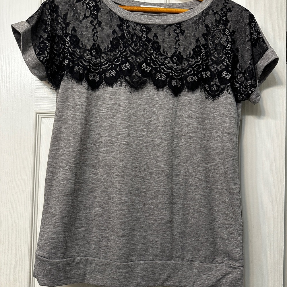 Women's Small Gray Top with Black Lace Yoke